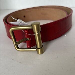 Women Red Leather Belt  Croco Stamped with Gold Buckle
